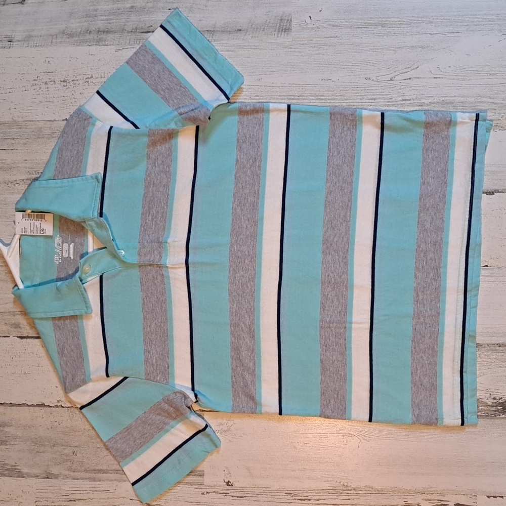 Boys striped baby blue, gray, white, navy, polo, size 10/12, 100%cotton